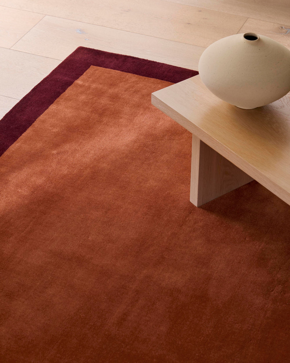 Minimalist Terracotta and Maroon Border Rug