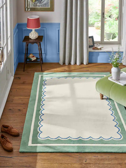 Modern Scallop Trim Area Rug - Sage Green and Cream Wool Carpet
