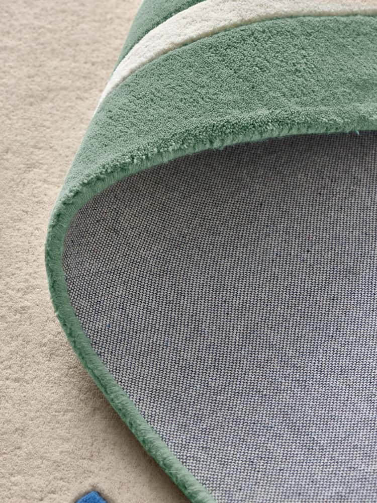 Modern Scallop Trim Area Rug - Sage Green and Cream Wool Carpet