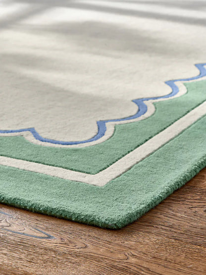 Modern Scallop Trim Area Rug - Sage Green and Cream Wool Carpet