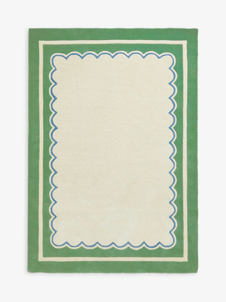 Modern Scallop Trim Area Rug - Sage Green and Cream Wool Carpet