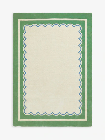 Modern Scallop Trim Area Rug - Sage Green and Cream Wool Carpet