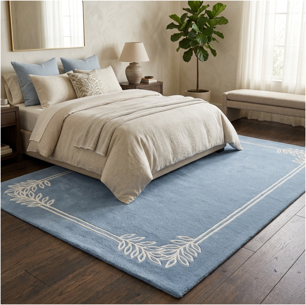 Coastal Blue Leaf-Frame Area Rug