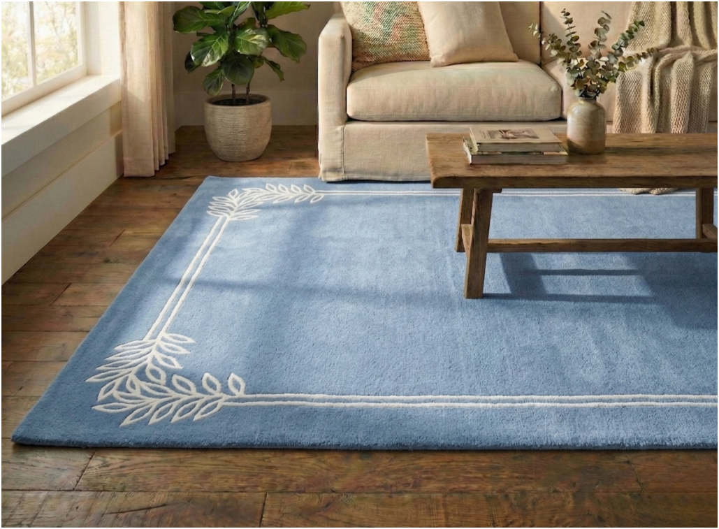 Coastal Blue Leaf-Frame Area Rug