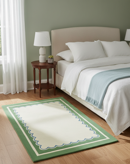 Modern Scallop Trim Area Rug - Sage Green and Cream Wool Carpet