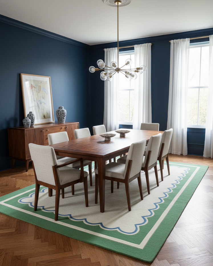 Modern Scallop Trim Area Rug - Sage Green and Cream Wool Carpet